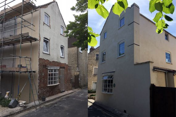before and after red brick house re rendering with acrylic-stone-coloured render smooth finish